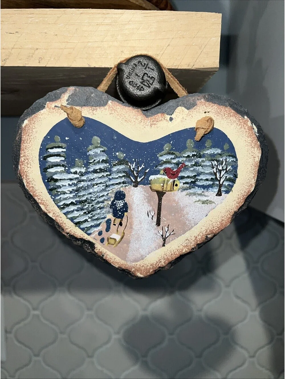 Heart Shaped Slate Wall Hanging Piece Painted W/Winter Scene Boy, Sled, Cardinal
